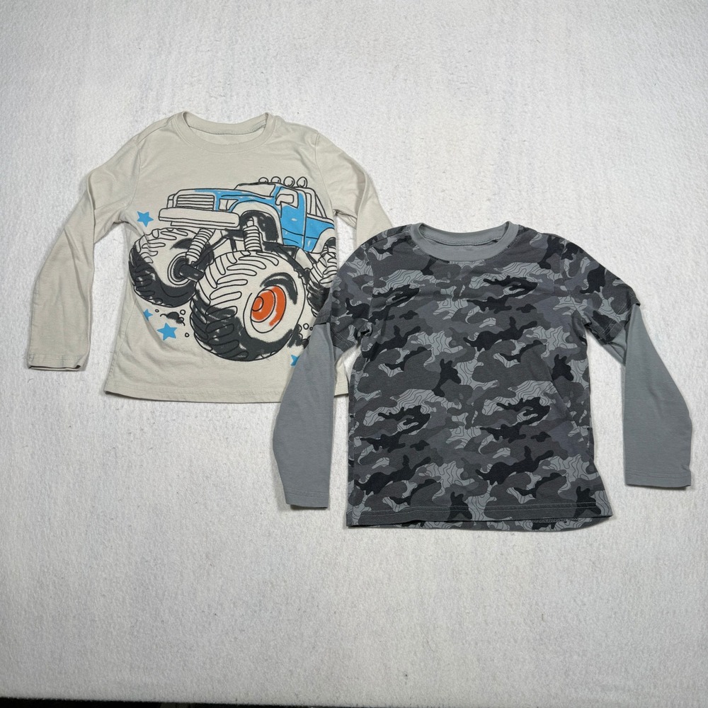 Jumping Beans Boys Long Sleeve Shirt Lot 2 Monster Truck Camo Grey Tan Size 6